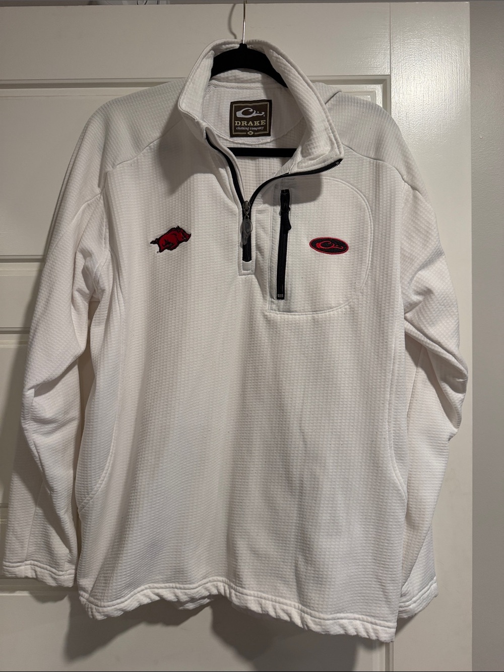 Drake White Lightweight Quarter-Zip Pullover with Red Razorback Logo Accents